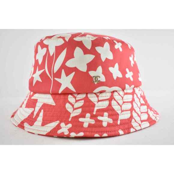 Chanel 22P Coral Red White Graffiti CC Silver Logo Sun Cloche Bucket Hat S Small main image 7